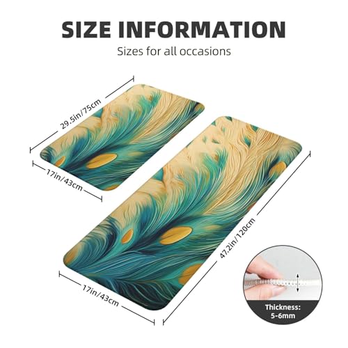 Peacock Feather Teal Blue Kitchen Rugs Mats Set of 2 Pcs Non-Slip Floor Mats Washable Runner Rugs Set for Bathroom Laundry Hallway Kichen Comfort Standing Mat - color: Peacock Feather Teal Blue