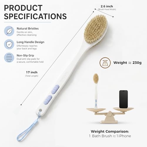 Back Scrubber for Shower with Long Handle, Blue | Double Sided Bristles (Stiff & Soft), Anti-Slip Grip, Lightweight - Gift for Seniors, Includes Lanyard & Hook - color: Blue