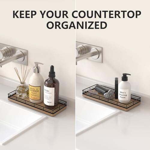 Bathroom Tray for Counter Top Organizer, Acacia Wood Vanity Tray | Metal Frame for Dresser, Kitchen & Nightstand, Black & Acacia Decorative Storage - color: Black & Acacia, size: 11" x 4.5" x 1.5"