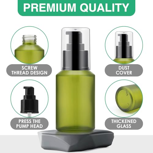 3PCS 60ML/2OZ Empty Green Frosted Glass Bottles with Pump Refillable Vial Cosmetic Dispenser Jars Storage Travel Lotion Container Portable Sample Bottle for Toiletries,Foundation,Cream,Gel,Lotion - color: Green, size: 2 OZ