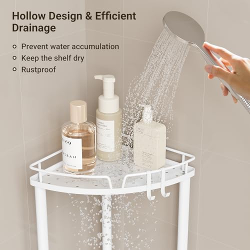 ELYKEN Corner Shower Caddy Standing, 4 Tier Rustproof Metal Shower Organizer with Soap Holder, Floor Shower Corner Shelf Rack Storage Stands with Adjustable Feet & 2 Hooks for Bathroom, White - color: White, size: 4 Tier
