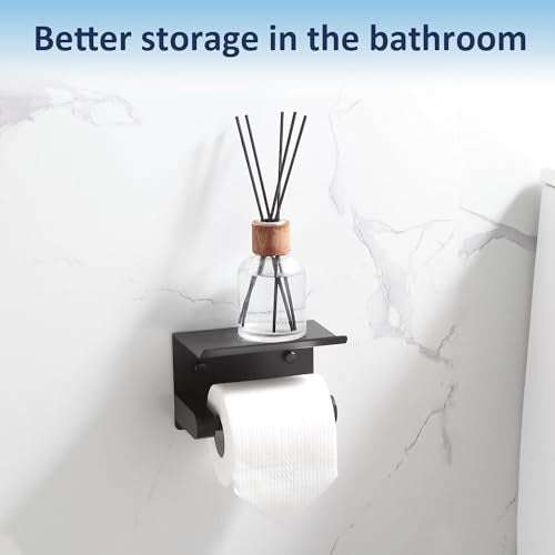 BGL Toilet Paper Holder with Shelf, Matte Black Rustproof Adhesive or Drill Installation Fits Mega Rolls Bathroom Tissue Holder - color: Black