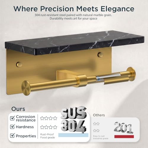 FORIOUS Double Toilet Paper Holder with Shelf, Wall Mount Tissue Roll Holder for Bathroom, 304 Stainless Steel Commercial Toilet Tissue Dispensers with Phone Shelf (1, Gold-Marble) - color: Gold-marble
