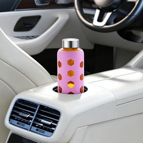 Mrsdry Glass Juice Bottles with Lids and Silicone Sleeves 18 oz, 4-Pack Reusable Clear Glass Water Bottles with Stainless Steel Airtight Cap for Juicing, Refrigerator, BPA Free Leak-Proof Drinking Jar - color: Purple