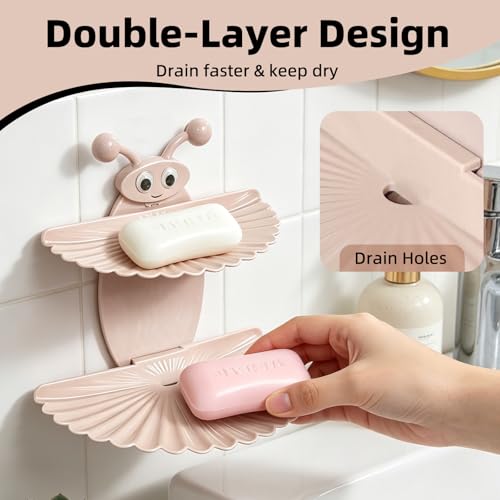 2PCS Double-Deck Soap Dish Holder for Shower, Bee Shape Wall Mounted Soap Holder with Strong Adhesive, Self Draining Soap Tray, No Drilling Bathroom Accessories, Nordic Pink - size: 2PCS 7"×6.5"
