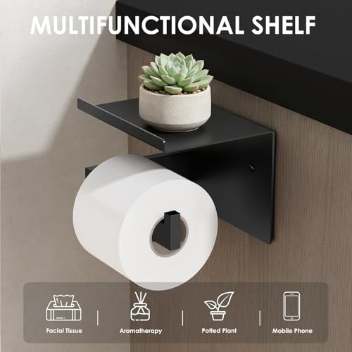 Auxmir Self Adhesive Toilet Paper Holder with Shelf, Premium SUS304 Stainless Steel Rustproof Wall Mounted Toilet Roll Holder, Toilet Tissue Holder for Bathroom Shower Washroom Kitchen RV, Black - color: Tp Holder With Shelf-black