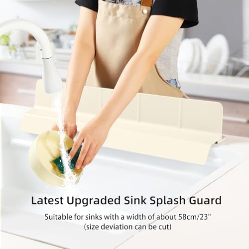 23" Ultra Silicone Sink Splash Guard Released in 2026,Self-Draining Water Splash Guard for Kitchen Sink,Bathroom and Island,with 3.5" High Splash Guard & 7 Strong Suction Cup (Beige) - color: Beige