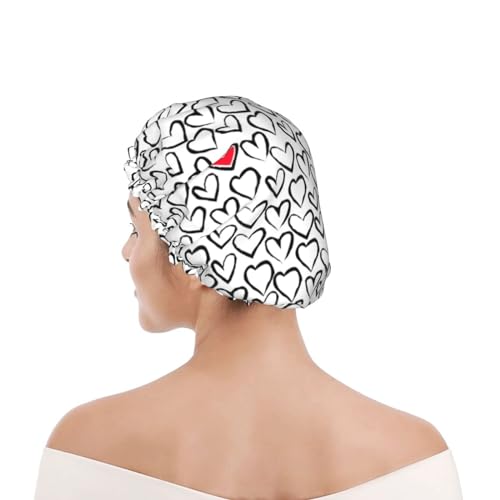 Love Hearts Shower Cap For Women Reusable Waterproof Double Layers Bath Cap Hair Protection Elastic Ladies Spa Salon Shower Hat - color: Love Hearts