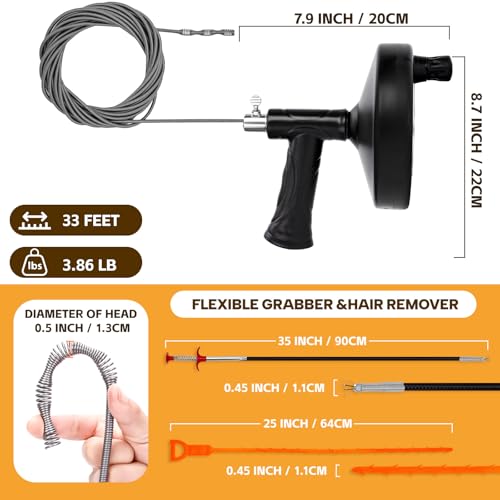 Drain Auger 33 ft, Plumbing Snake Hair Clog Remover Drain Snake Flexible Grabber Heavy Duty Sink Cleaner Tools for Shower Bathtub Bathroom Kitchen Pipe, Black - color: Black