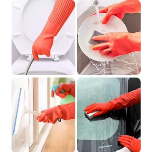 Long Rubber Waterproof Latex Household Cleaning 18inch Gloves Red Long Sleeved Heavy-duty Reusable 2Pair - color: Red, size: Medium
