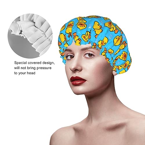 Yellow Rubber Duck Shower Cap For Women Adjustable Double Waterproof Layers Bathing Shower Hat Hair Protection Reusable Ladies Spa Salon Shower Hat - color: Rubber Duck