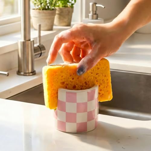 Kitchen Sink Checkered Sponge Holder, Dish Sponge Rack Cute Ceramic Brush Holder Organizer, Farmhouse Kitchen Decor Dish Rack for Brush, Scrubbers, Bathroom, Sink (Pink-white) - color: Pink-white