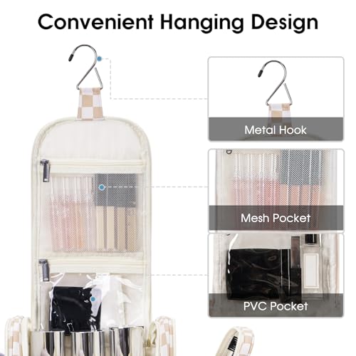 Narwey Hanging Toiletry Bag for Women Travel Makeup Bag Organizer Toiletries Bag for Cosmetics Essentials Accessories - color: Z-Light Brown Checkerboard