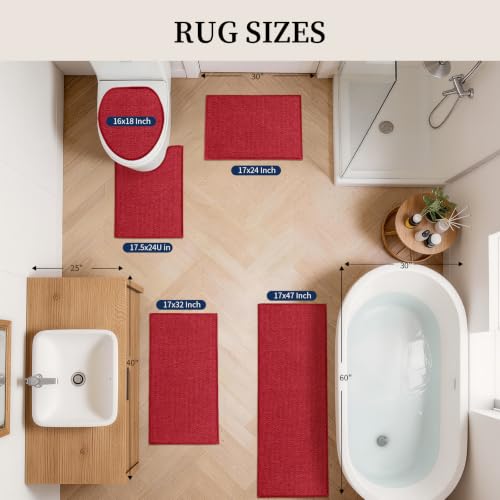 YIHOUSE Red Bathroom Rugs Sets 5 Piece, Quick Dry Thin Bath Mat with Toilet Rug - Non Slip Absorbent Machine Washable - Bath Runner Rugs for Bathtub Sink Home Decor - color: Red, size: 5 pieces