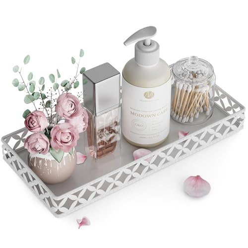 Bathroom Vanity Tray for Countertop - 11" x 4.9" White Decorative Tray | Small Metal Rectangle Tray, Non-Slip Bathroom Counter Tray, Bathroom Organizer for Perfume Makeup Cosmetic Jewelry Soap - color: Rectangle Floral-white