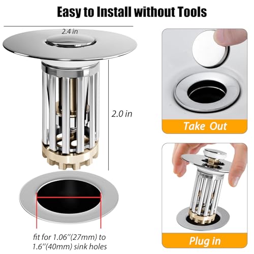 Anlige Bathroom Sink Drain Strainer, 2PCS 3 in 1 Pop Up Bathroom Sink Stopper with Removable Brass Basket Hair Catcher, Universal Sink Plug for 1.06 to 1.6in Drain Hole, Chrome Silver - style: Bathroom Sink Stopper Hair Catcher