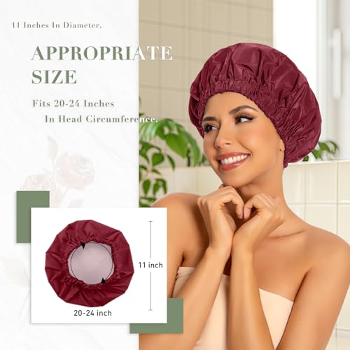 Edoneery Reusable Shower Caps for Women, Waterproof Long Hair Bonnet | Washable Design, Wide Elastic Band, Large Fit, Holds Long Hair, Braids Friendly, Bath Accessories, Spa, Travel - color: Burgundy