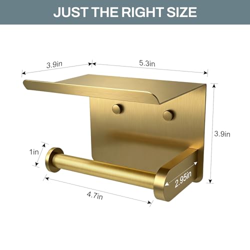 SetSail Toilet Paper Holder with Shelf Adhesive or Screw-in Bathroom Toilet Paper Roll Holders Wall Mount Gold Tissue Holder for Bathroom Hardware Accessories - color: Brushed Gold, size: 1 Packs