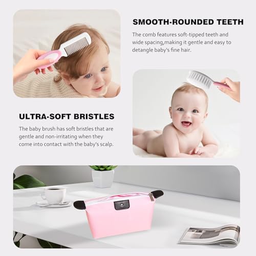 5-Piece Baby Grooming Kit with Multi-Use Storage Pouch - Infant Brush,Rounded Comb,Scissors,Nail Clippers & Emery Board -Essentials for Newborn Care & Travel Pink - color: 5pcs Pink 3