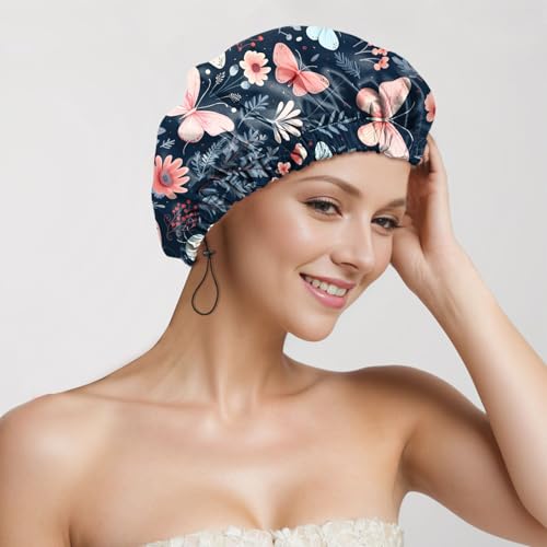 2 PCS Shower Cap Reusable Waterproof Adjustable Double Layer Elastic Dry Hair Bathing Caps Aesthetic Cute for Women Girls-Butterfly Flower - color: H-16-Butterfly Flower
