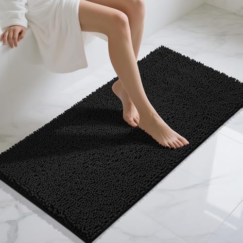 Yimobra Long Bathroom Rugs 47"x24", Extra Soft Non Slip Bath Mat for Tub, Super Absorbent Quick Dry Shaggy Rug Floor Carpet, Machine Washable,Black - color: Black, size: 47" X 24"
