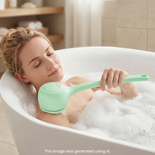 Electric Body Brush Back Scrubber for Shower，5 Replaceable Heads and Hook,Waterproof Long Dual Handle Power Body Scrubber 2 Speeds, for Cleansing Body, Exfoliating and Massaging Skin. - color: Green
