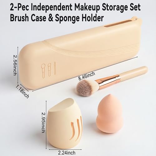 Large Silicone Makeup Brush Bag and Sponge Holder Set, Portable Snap Closure Cosmetic Bag, Soft Reusable Cosmetic Display Case for Travel Daily Use (Beige) - color: Beige
