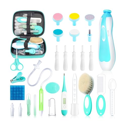 Baby Healthcare and Grooming Kit, 28 in 1 Portable Baby Essentials Kit Electric Nail Trimmer Set with Gas Relief Hair Brush Comb Nasal Aspirator for Newborn Boys Girls (Green) - style: 28 Kits-Green