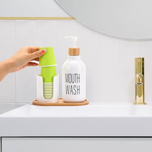 Mouthwash Dispenser with Cup Holder, Plastic White Mouth Wash Pump Bottle with Tray for Bathroom Organizers, 17oz Refillable Clear Mouthwash Container - color: Group a - White