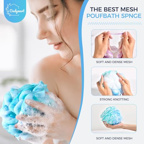 DadyMart Shower Loofah Sponge Pouf – XL Exfoliating Bath Puff Body Scrubber, Soft Mesh Shower Sponge with Reinforced Knot, Rich Lather, Set of 4 for Women and Men - style: Flower
