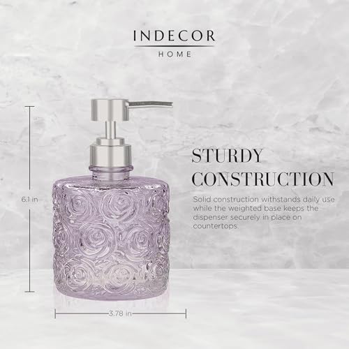 Marcella Glass Soap Dispenser with Soap Pump, Refillable 14 Ounce Capacity, Floral Design Rose Patterns, Heavy Weight Thick Glass for Bathroom, Premium Kitchen Soap Dispenser Lavender - color: Lavender Frost