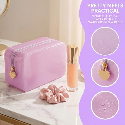 RSRSLEII Stardust Twinkle Jelly Travel Makeup & Toiletry Bag, Waterproof PVC Cosmetic Bag/Case for Women，Zipper SPF Beach Bag for Sunscreen Skincare and Daily Essentials (01Pink) - color: 01Pink