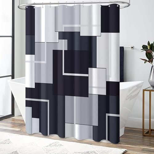 BTTN Extra Long Fabric Shower Curtain - 72 x 84 Inches Long Geometric Cloth Shower Curtain Set with 12 Plastic Hooks, Large Hotel Modern Abstract Polyester Curtains for Bathroom Showers - Black - color: Black, size: 72"W x 84"L (Pack of 1)