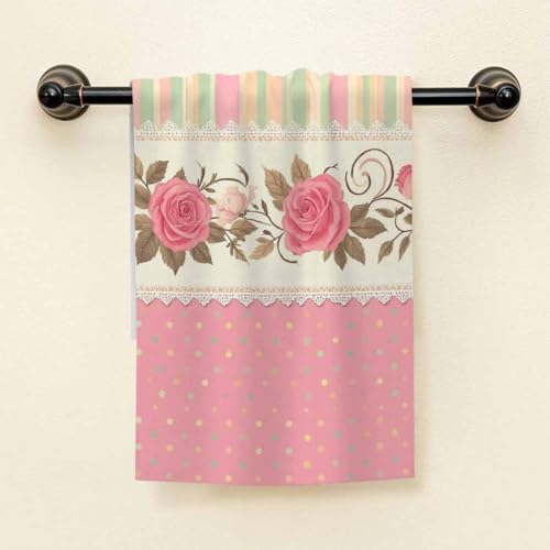HGOD DESIGNS Flower Hand Towels Valentine Series Vintage Pink Rose Blossom Floral with Polka Dots Soft Hand Towel for Bathroom Kitchen Yoga Gym Decorative Towels 15"X30" - color: Towel-32