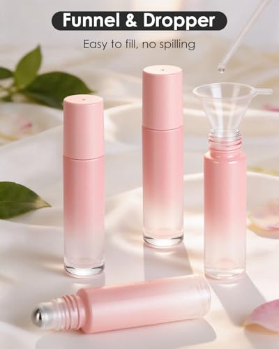 Worldgsb 4 Pack Essential Oil Roller Bottles, 10ml Refillable Glass Roller Bottles with Stainless Steel Roller Balls and Caps for Travel, Perfume and Lip Gloss Pink Gradient - color: Pink-Gradient, style: 4 Pack