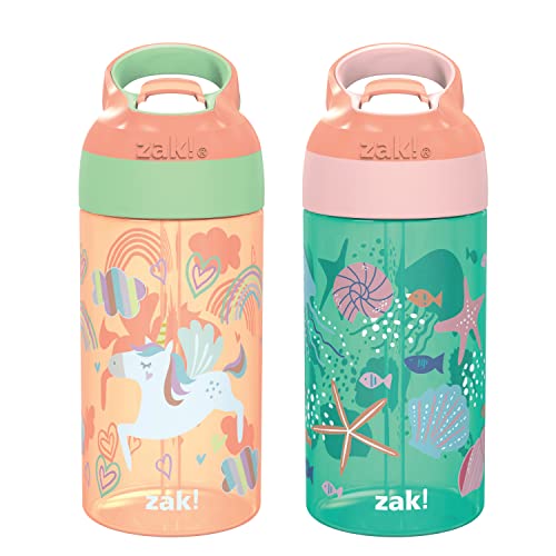 Zak Designs 16oz Riverside Kids Water Bottle with Spout Cover and Built-in Carrying Loop, Made of Durable Plastic, Leak-Proof Water Bottle Design for Travel (Unicorn & Shells, Pack of 2) - color: Unicorn & Shells