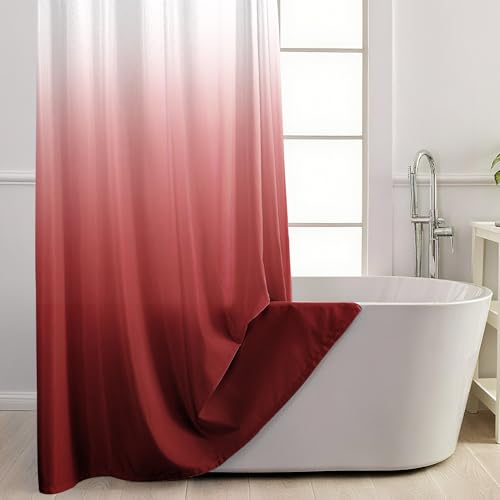 Christmas No Hook Shower Curtain with Snap in Liner, Ombre Red Shower Curtains and Liner Set, Hotel Fabric Bath Curtain for Bathroom, Mesh Top Window Waterproof Washable, 71" x 74" - color: Ombre Red, size: 71"W x 74"L (Pack of 1)
