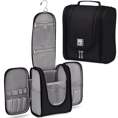 BOACAY Hanging Travel Toiletry Bag for Women and Men, Makeup Bag, Bathroom & Shower Organizer Kit for Accessories, Cosmetics, Travel Essentials - color: (M) Sapphire Black - Gray Interior