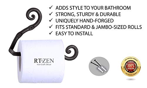 RTZEN Bathroom Toilet Paper Holder - Handcrafted Rustic Wrought Iron Wall Decor Toilet Roll Holder - Black Matte Wall Mount Bar for Modern Farmhouse Bathroom Decor - style: Swirls