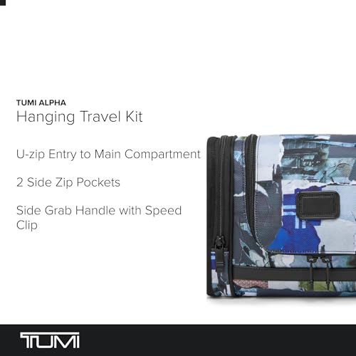 TUMI - Alpha Hanging Travel Kit - Toiletries and Cosmetics Organizer - Travel Essentials Bag with Hooks & Pockets - Wheatpaste Print - color: Blue/Black/White