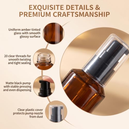 3 Pcs Amber Glass Pump Bottles, Refillable Cosmetic Dispenser Jars, Portable Travel Lotion Bottles, Sample Trial Vials for Foundation Cream Gel Toiletries (30ml/1oz) - color: Amber, size: 30ml/1oz