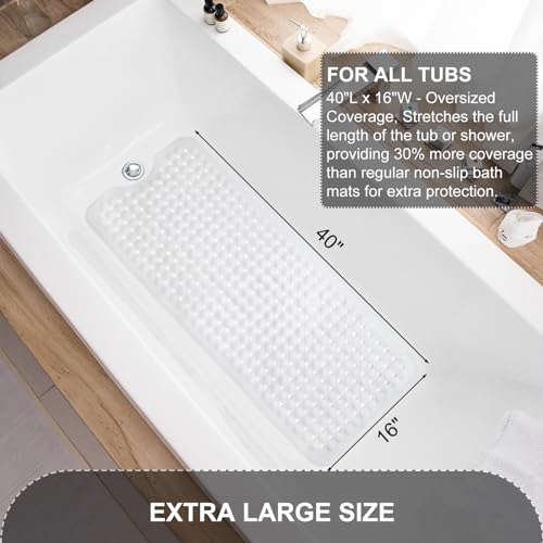 TEESHLY Bath Tub and Shower Mats, Non Slip 40 x 16 Inch Extra Large Bathtub Mat, Machine Washable Bathmat with Drain Holes, Suction Cups for Bathroom Floor, White - color: White