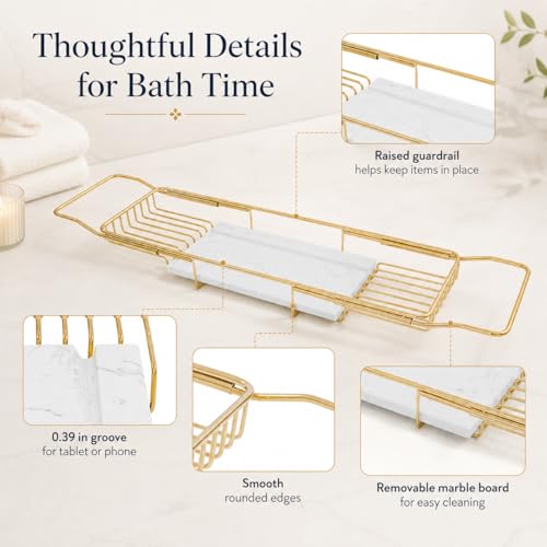 Expandable Bathtub Tray, Stainless Steel Bath Table Tray with Marble Board, Modern Luxury Bathtub Shelf for Bathrooms, Kitchen Sink (Gold + White) - color: Gold + White