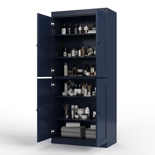 Palace Imports Solid Wood Tall Bathroom Pantry Cabinet with 4 Shaker Doors & Adjustable Shelves, Navy Blue - 100% Eco-Friendly, Renewable, Space-Saving Storage, 71.5" H x 32" W, Made in Brazil - color: Navy Blue