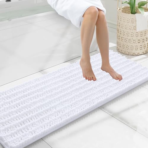 Smiry Bathroom Rugs Mat 47x17, Extra Soft Absorbent Chenille Bath Rugs, Non Slip Rubber Backing Machine Washable Quick Dry Bath Mats for Bathroom Floor, Tub, Shower, Home Decor Accessories, White - color: White, size: 47'' X 17''