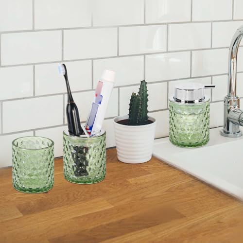 Bathroom Accessories Set, 3pcs Green Glass Bathroom Accessory Set,Toothbrush Holder, Foaming Soap Dispenser and Tumbler, Silver Bathroom Decor Sets for Organizer, Home Apartment Gift - color: Green and Silver
