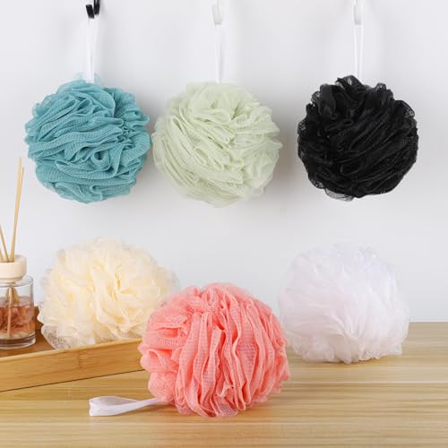 6 Pack Bath Sponge, 100g/pc XXL Large Mesh Pouf Shower Loofah Exfoliating Body Scrubber Shower Scrunchies
