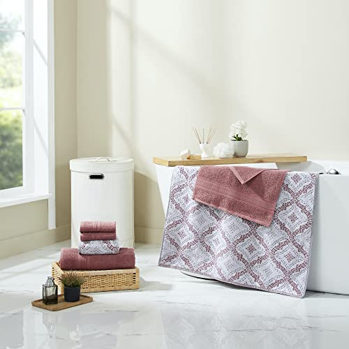 Modern Threads Capri 6-Piece Reversible Yarn Dyed Jacquard Towel Set - Bath Towels, Hand Towels, & Washcloths - Super Absorbent & Quick Dry - 100% Combed Cotton, Rosewood - color: Rosewood, style: Soft Geometric