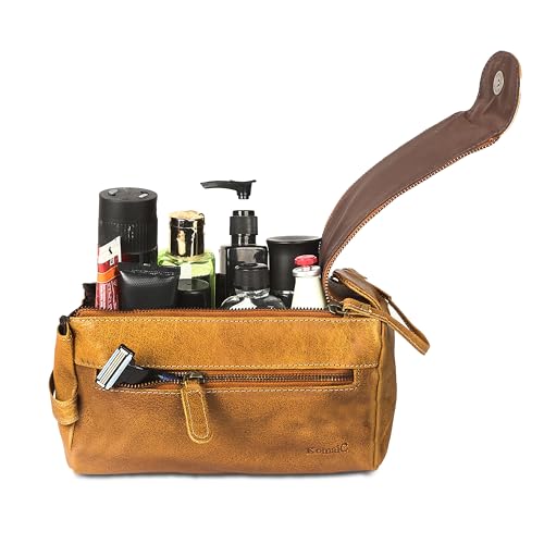 KomalC Premium Buffalo Leather Toiletry Bag for Men & Women With Water resistant Lining, Grooming Travel Pouch, Unisex Wash Bag for Toiletries, Gifts for Men and Women - color: Distressed Yellow Tan