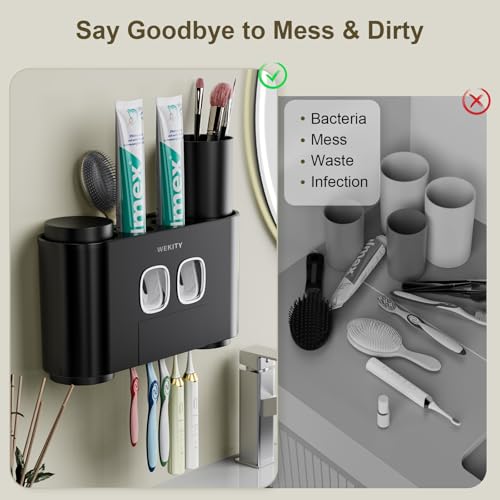 Toothbrush Holder Multi-Function Wall-Mounted, Automatic Toothpaste Dispenser & Dust-Proof Toothbrush Holder with 5 Brush Slots 4 Cups 2 Automatic Toothpaste Dispensers 1 Storage Slot (Black) - color: Black